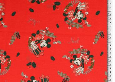 Reststück 1,85m French Terry angeraut Micky & Minnie Maus Weihnachten in Rot